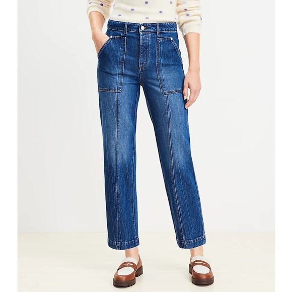 EUC LOFT High Rise Utility Straight Button Front Dark Stone Wash Jeans 4/ 27 - Picture 1 of 14